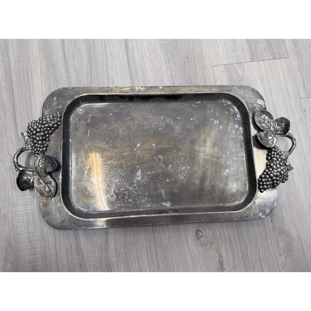 One (1) Godinger Silver-Plated Vintage Serving Tray w/Handles Grape Vine Style